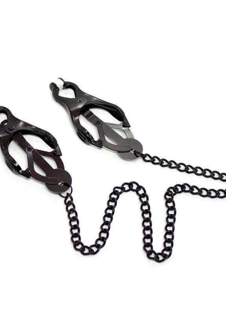 Japanese Nipple Clamps in black metal with adjustable gripping ends connected by a long black chain