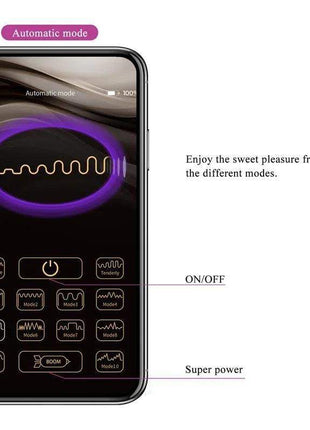 Jayleen Stimulator with APP Control showing a smartphone interface with a purple automatic mode ring and vibration controls