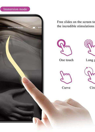 Jayleen Stimulator with APP Control shown in an app demonstration, with a finger tracing a curved touch path on a phone screen