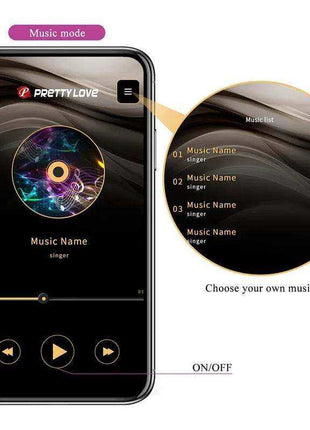 Jayleen Stimulator with APP Control shown through a black smartphone music mode interface with a playlist and playback controls
