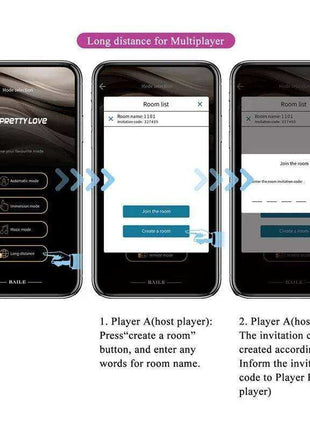 Jayleen Stimulator with APP Control app screens showing long-distance multiplayer room creation and invitation code entry