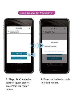 Jayleen Stimulator with APP Control multiplayer app tutorial showing two smartphones with room joining and invitation code screens