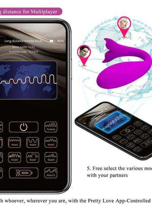 Jayleen Stimulator with APP Control shown in purple with a smartphone app interface and long-distance partner controls