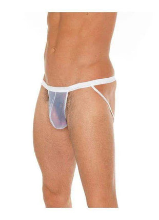 Jock White One Size men's jockstrap with a sheer front pouch, white waistband and thin elastic side straps