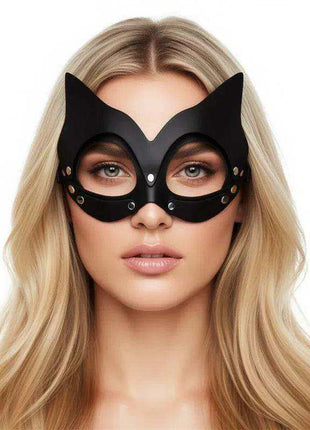 Kaissy Cat Mask Adjustable, a black cat-eye face mask with pointed ears, eye openings and small metallic accents