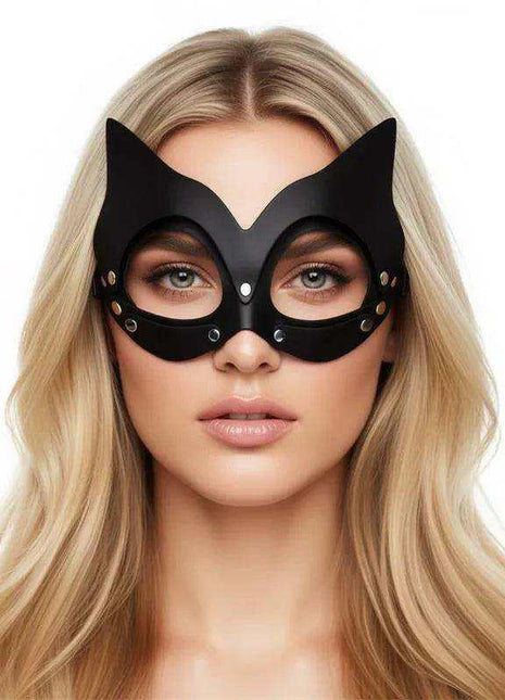Kaissy Cat Mask Adjustable, a black cat-eye face mask with pointed ears, eye openings and small metallic accents