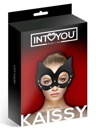 Kaissy Cat Mask Adjustable featuring a black cat-eye mask with pointed ears and silver stud accents on retail packaging