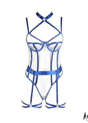Killye Mesh Teddy with Strasps and Leg Rings Blue