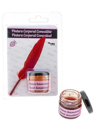 Kissable Body Paint in a clear jar with pink and white label, packaged with a red feather applicator