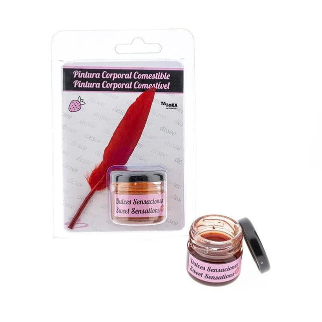Jar of Kissable Body Paint Strawberry Flavor with smooth, red edible body paint on a white surface