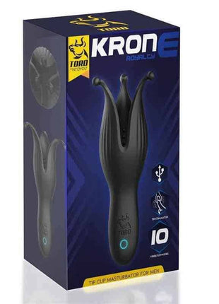 A black Krone tip cup masturbator featuring a floral design in its retail packaging box.