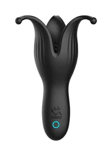 Krone Tip Cup Masturbator in matte black silicone, with a sculpted cup opening, raised curved edges and blue-ring button