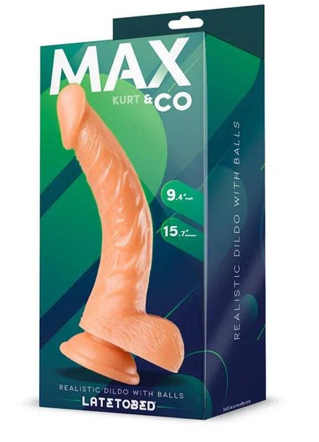 Kurt Realistic Dildo in peach-colored latex with a curved realistic shaft, textured ridges, and testicles, shown in retail packaging