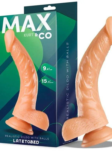 Kurt Realistic Dildo in peach-toned textured material with a curved shaft, prominent veins, testicles and flared base