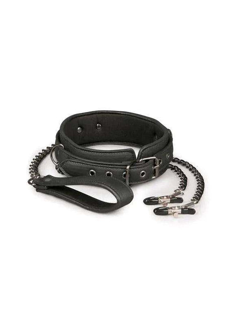 Leather Collar With Nipple Chains in black leather with silver-tone buckle, metal rings, and attached chains