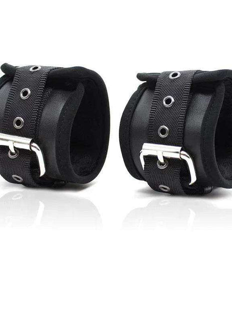 black leather handcuffs with big metal hoops adjustable fit