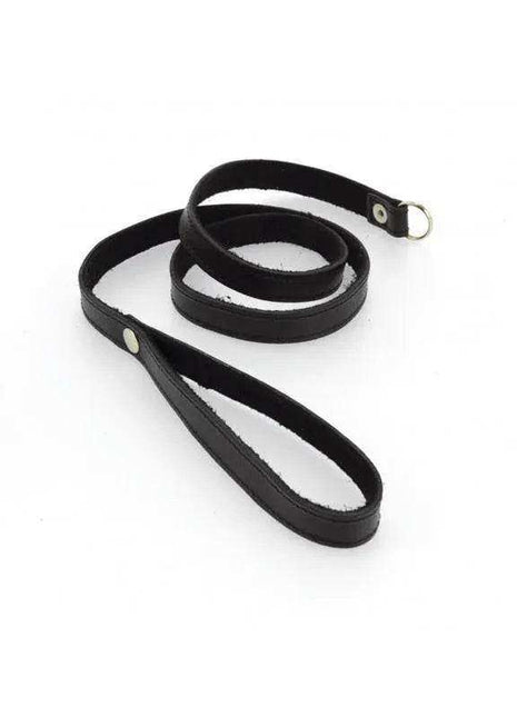 Black leather leash with a smooth finish, looped handgrip, brass-tone rivets and metal clip