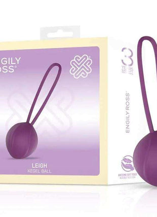 Leigh Kegel Ball Silicone Purple with a smooth purple silicone ball and long loop, shown beside its Engily Ross box