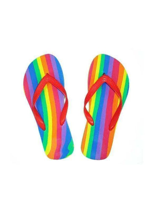 LGBT+ Flag Flip-flops with rainbow-striped footbeds and bright red V-shaped straps