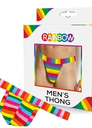 LGBT Mens Thong in bright rainbow stripes, made from stretchy fabric with a narrow waistband and contoured pouch