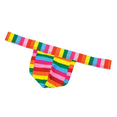 LGBT Mens Thong in bright rainbow-striped stretch fabric with a matching wide waistband and contoured pouch