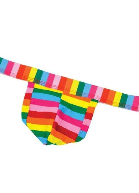 LGBT Mens Thong in bright rainbow-striped stretch fabric with a matching wide waistband and contoured pouch