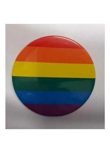 LGBT+ Pride Badge with a glossy finish and horizontal rainbow stripes in red, orange, yellow, green, blue and purple
