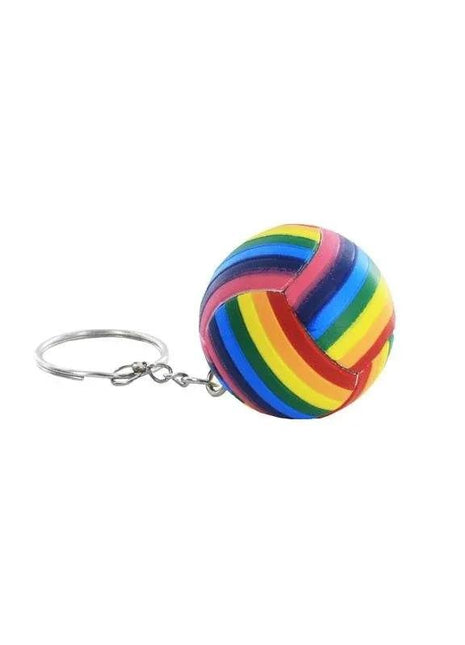 LGBT+ Pride Ball Keychain with a glossy spherical charm featuring curved rainbow-coloured stripes and a silver key ring