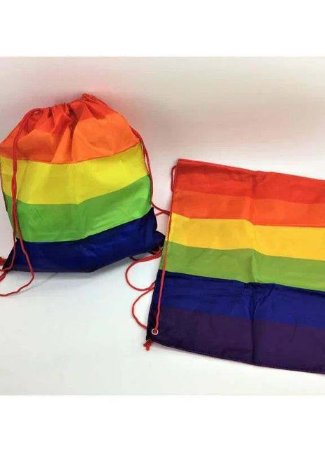 LGBT+ Pride Nylon Backpack in rainbow-striped fabric, shown as a rounded drawstring bag and a flat cinch sack