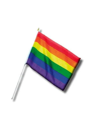 LGBT+ Pride Pennant with bright horizontal rainbow stripes in red, orange, yellow, green, blue and purple on a white pole