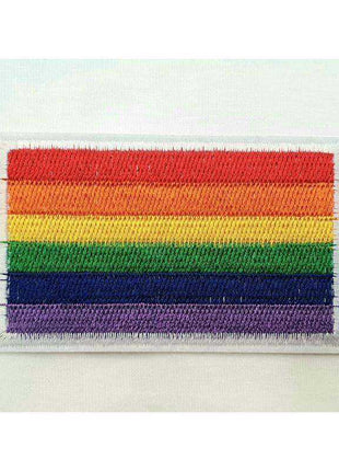LGBT+ Pride Rectangular Cloth Patch with embroidered red, orange, yellow, green, blue and purple horizontal rainbow stripes