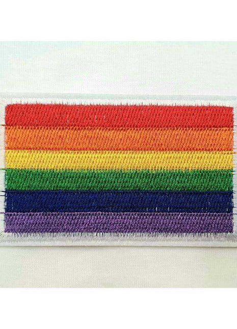 LGBT+ Pride Rectangular Cloth Patch with embroidered red, orange, yellow, green, blue and purple horizontal rainbow stripes