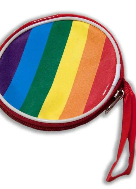 LGBT+ Pride Round Wallet with vivid rainbow stripes, a red zippered edge, and matching wrist strap