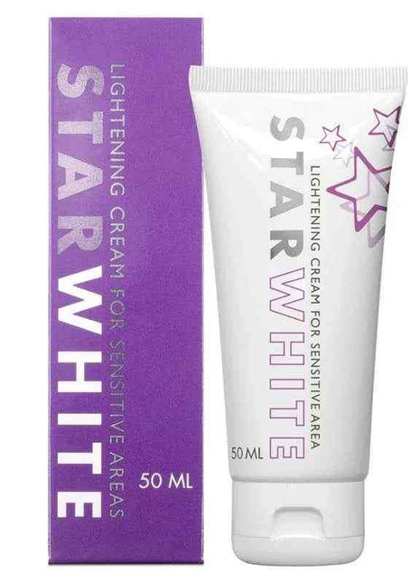 Lightening Cream StarWhite whitening cream in a white tube with purple star graphics beside a matching purple box