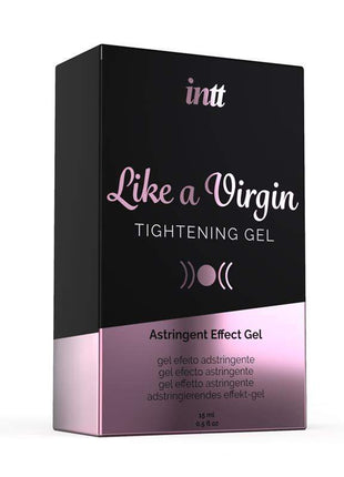 Like a Virgin Tightening Gel in a black and pink 15 ml box with decorative script lettering and astringent effect label