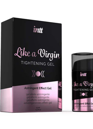 Like a Virgin Tightening Gel in black and pink packaging with matching 15 ml pump bottle and box