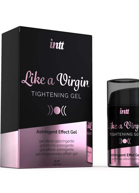 Like a Virgin Tightening Gel in black and pink packaging with matching 15 ml pump bottle and box
