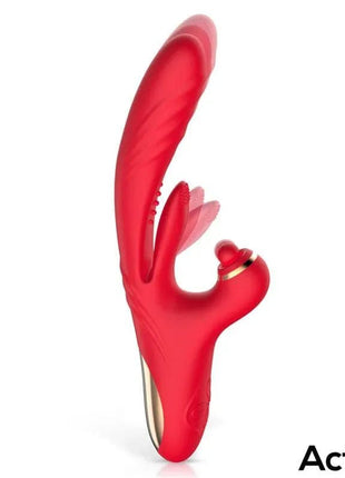 Limbe Vibe triple-motor vibrator in bright red silicone with a curved ridged shaft, flexible tongue and ball tip