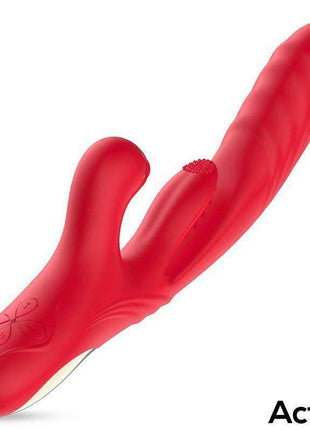 Limbe Vibe triple-motor vibrator in bright red silicone with an internal shaft, curved clitoral arm and textured tongue tip