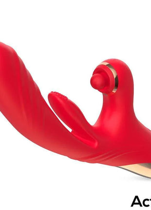 Limbe Vibe red silicone vibrator with three curved stimulation arms and a metallic accent ring around the ball tip
