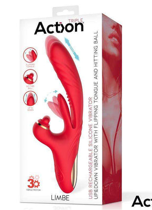 Limbe Vibe triple-motor vibrator in bright red silicone, with a curved body, flip-flap tongue and clitoral ball