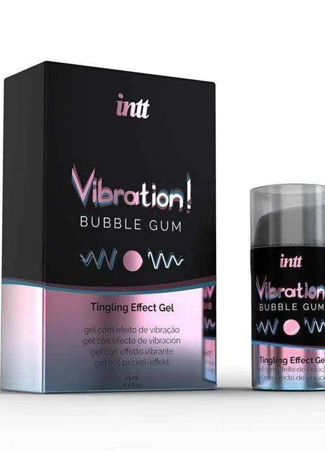 Liquid Vibrator Bubble Gum Aroma tingling effect gel in a black and iridescent pink 15 ml bottle and matching box