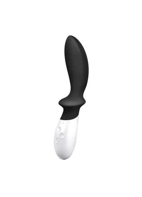 LOKI Obsidian Black massager with a black curved head and white handle featuring raised control buttons