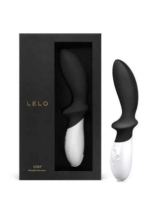 LOKI Obsidian Black personal massager with a curved black silicone head, white handle and raised control buttons