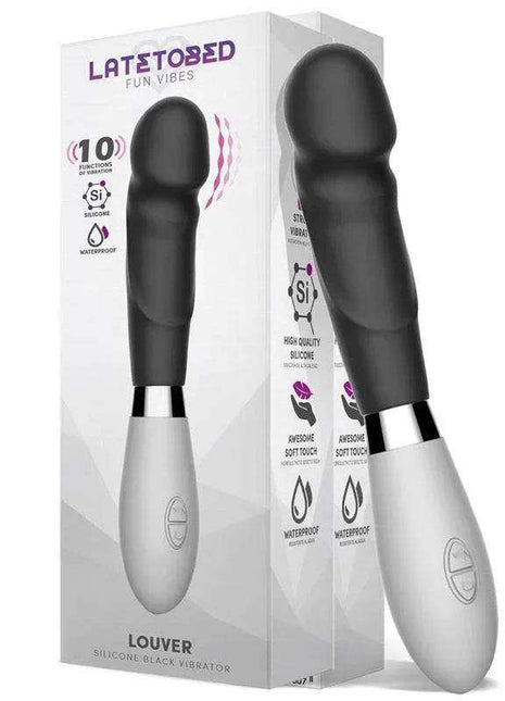 Louver Vibe Silicone Black vibrator with a black textured silicone shaft, rounded tip, and white ergonomic handle