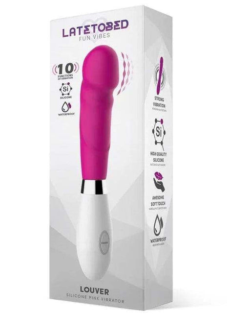 Louver Vibe Silicone Pink vibrator with a bright pink silicone head, white handle and boxed packaging