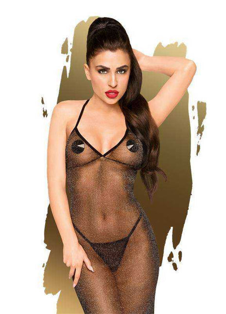 Love on Fire Dress Black sheer black mesh dress with thin straps, open cups, and a matching black thong