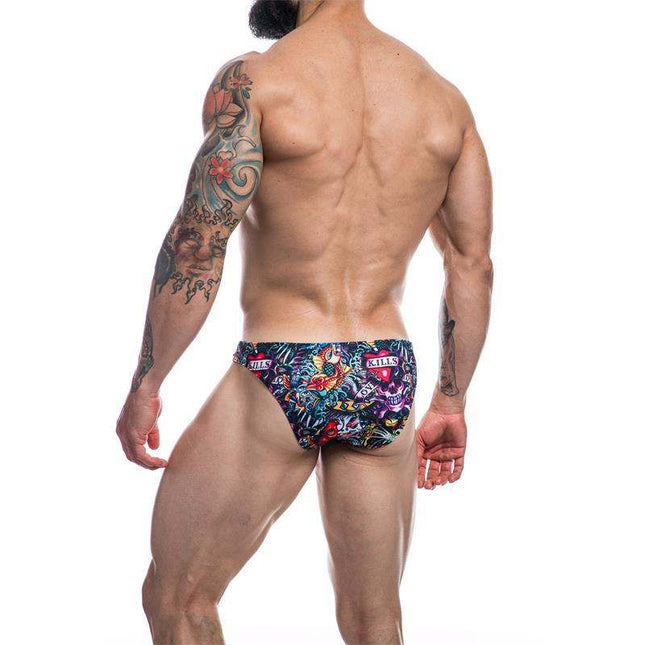 Low rise bikini brief with bold tattoo-inspired design in soft fabric for a flattering fit