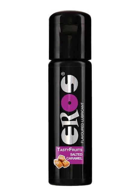 Lubricant Tasty Fruits Salted Caramel in a black bottle with bold white and purple branding and caramel candy graphics