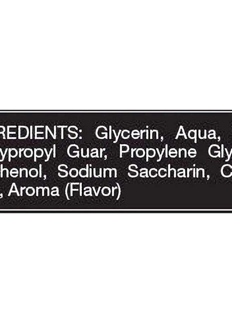Lubricant Tasty Fruits Salted Caramel ingredient label showing glycerin, propylene glycol, panthenol and flavor